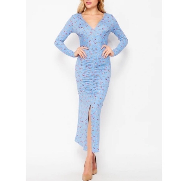 NEW Velvet Torch Floral Ruched Front Long Sleeve Midi Dress Blue - Picture 1 of 4